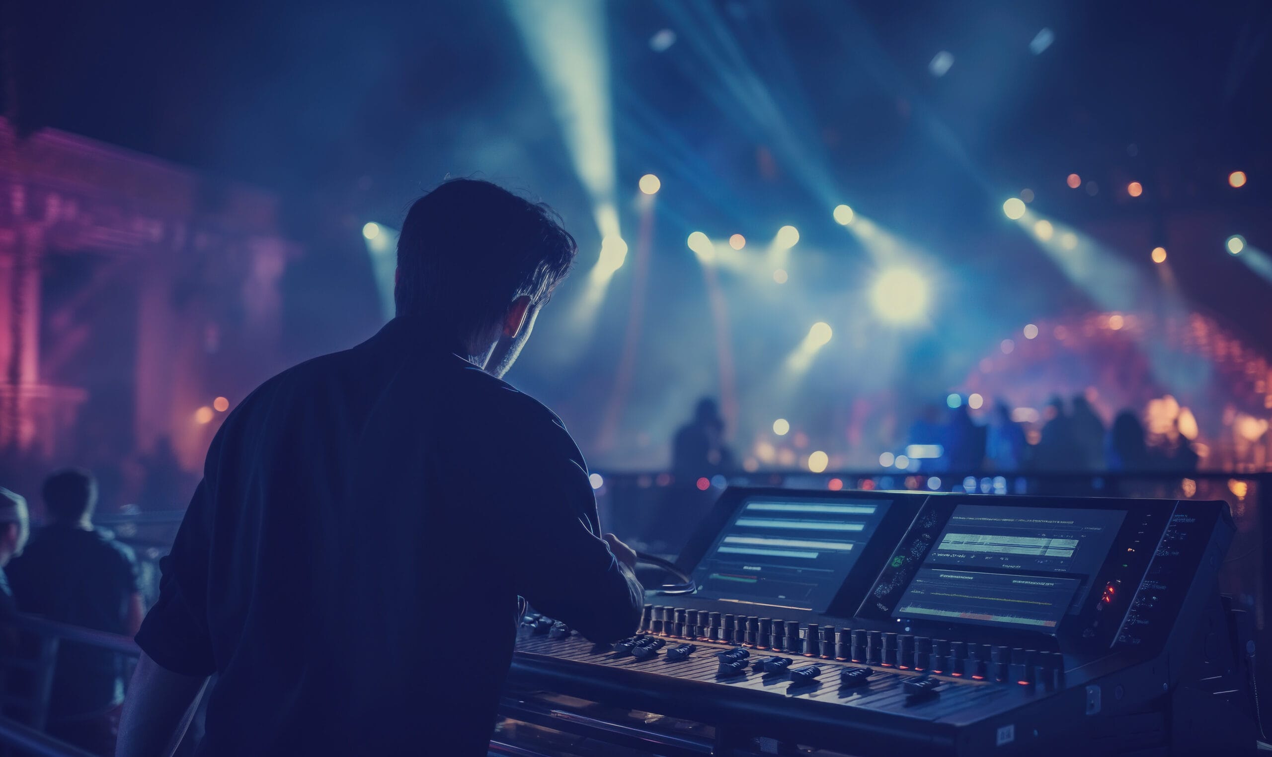 DCMM engineer at a live production mixing console, lit by blue and purple stage lighting