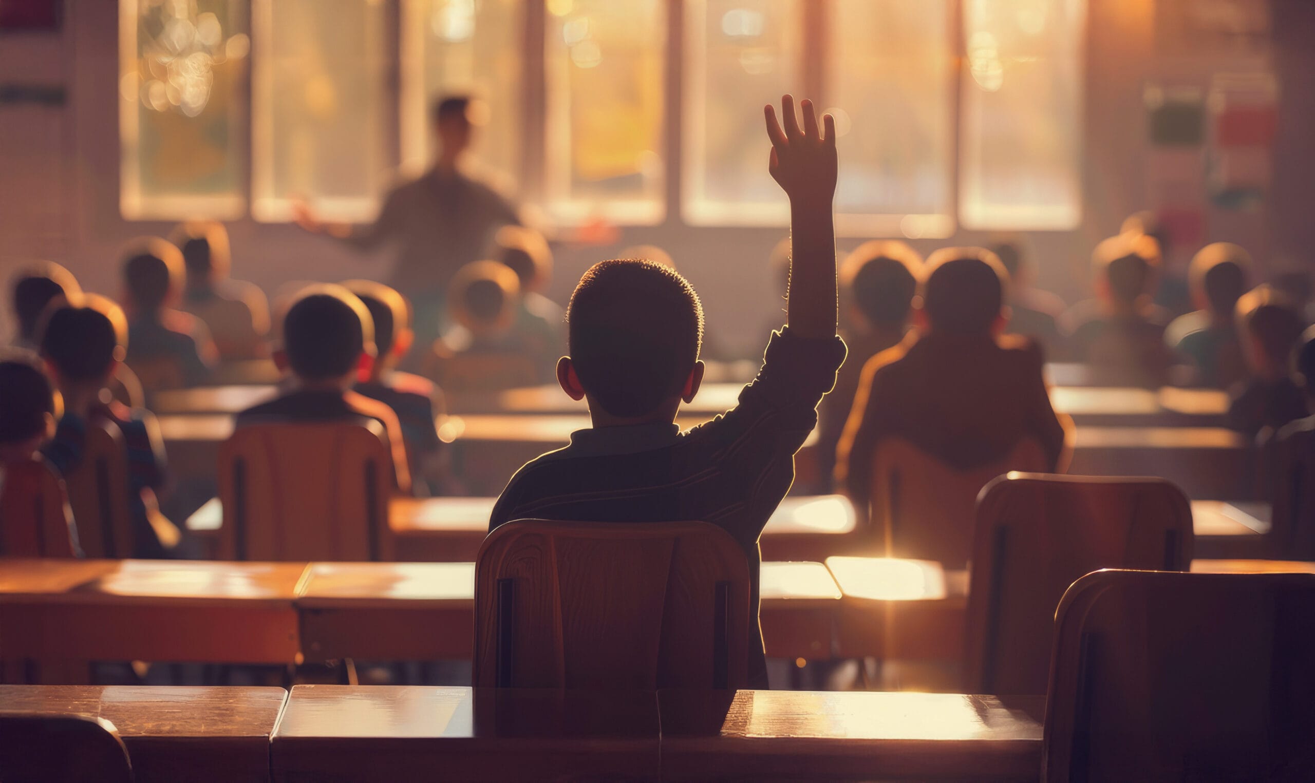 Classroom scene with a student raising their hand, backlit by warm sunlight, symbolizing engagement and learning.