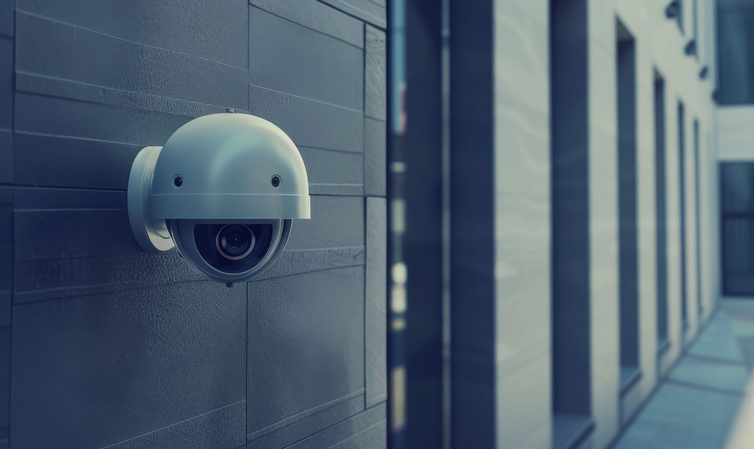 Security camera mounted on a modern building exterior, ensuring school safety and monitoring