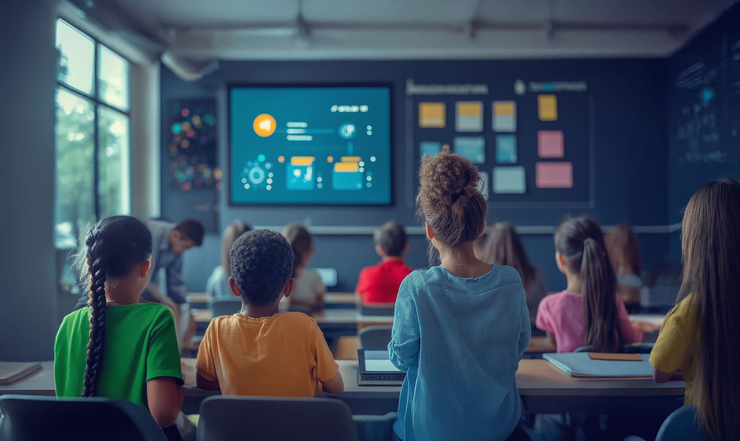 Students learning with a smart board in a modern classroom at Family Resource Agency School