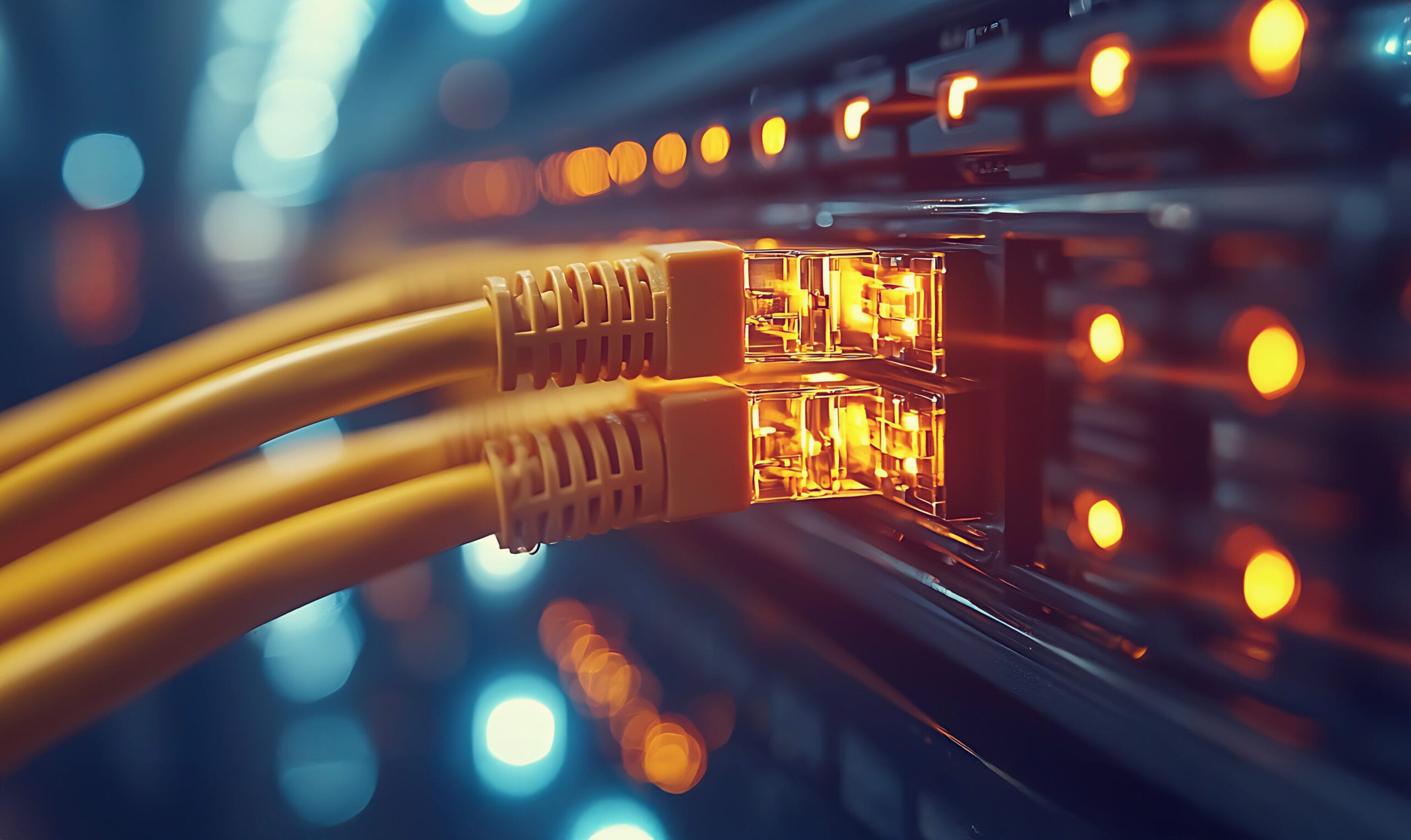 Close-up of high-speed Ethernet cables connected to a network switch, symbolizing robust network infrastructure.