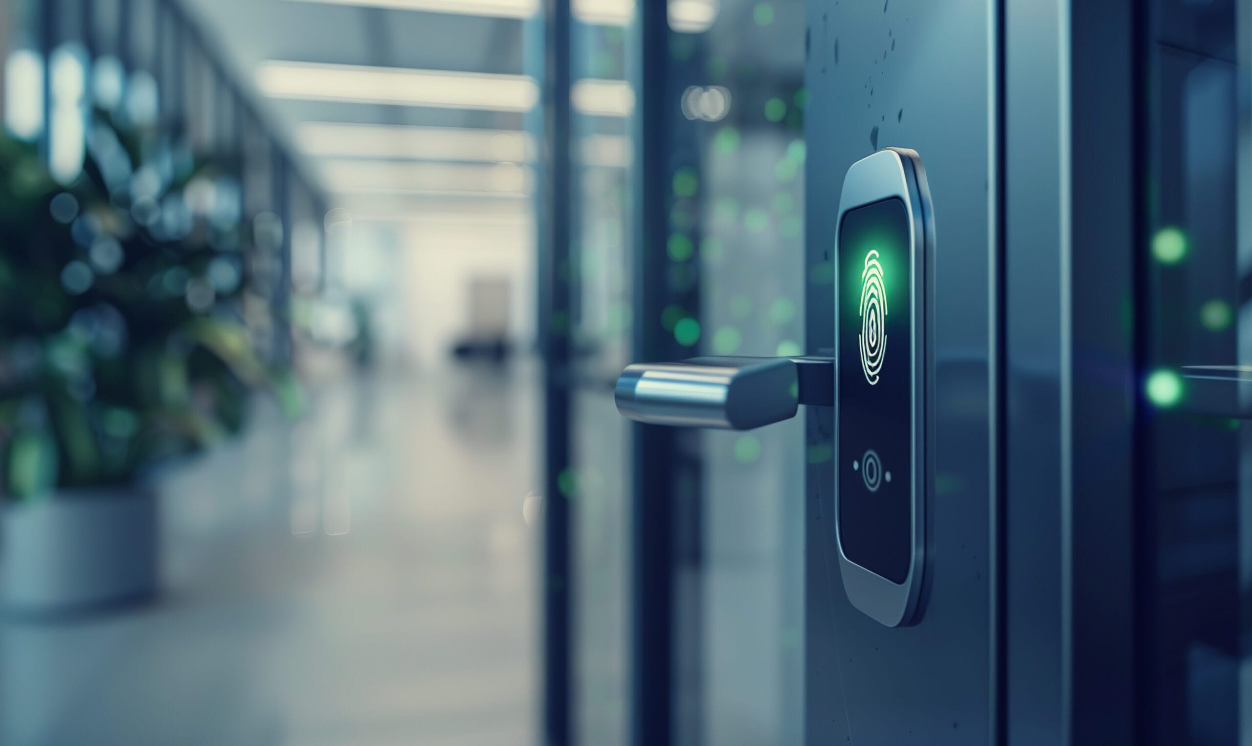 Fingerprint access scanner on a secure office door, ensuring controlled entry