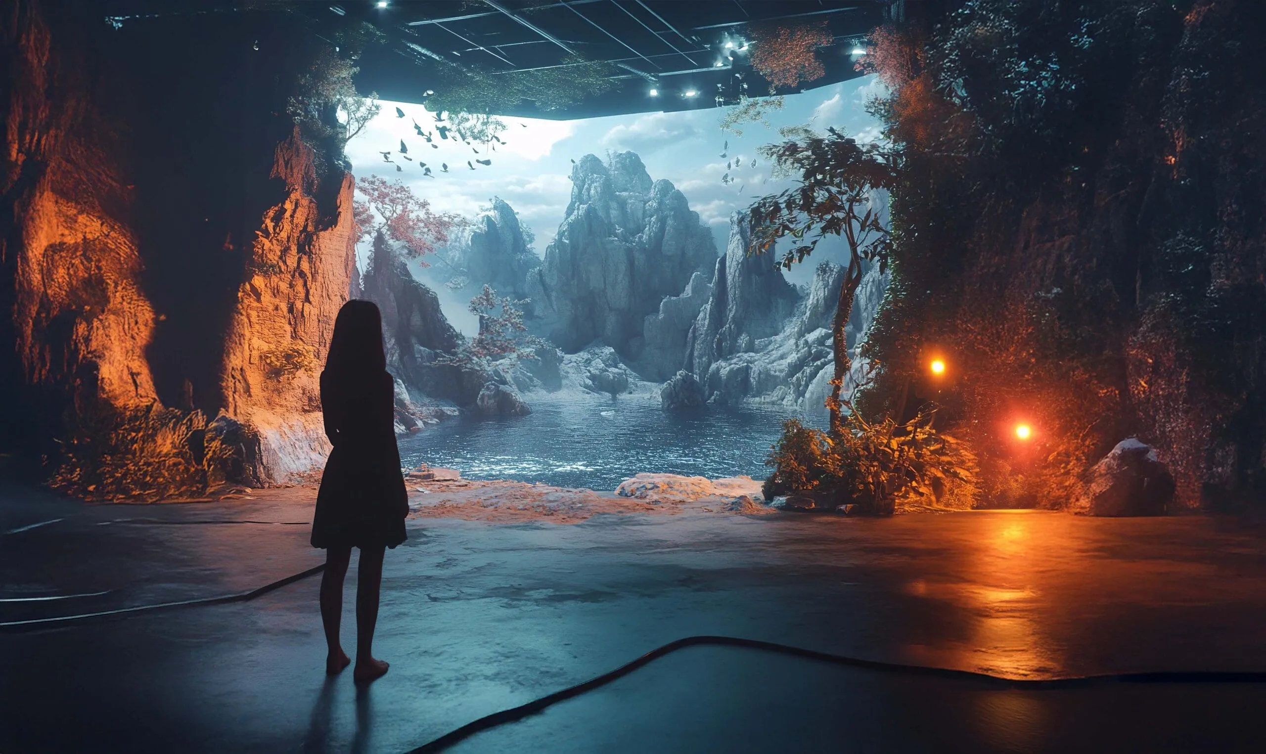 Immersive virtual production environment featuring a realistic digital landscape at SpinVFX