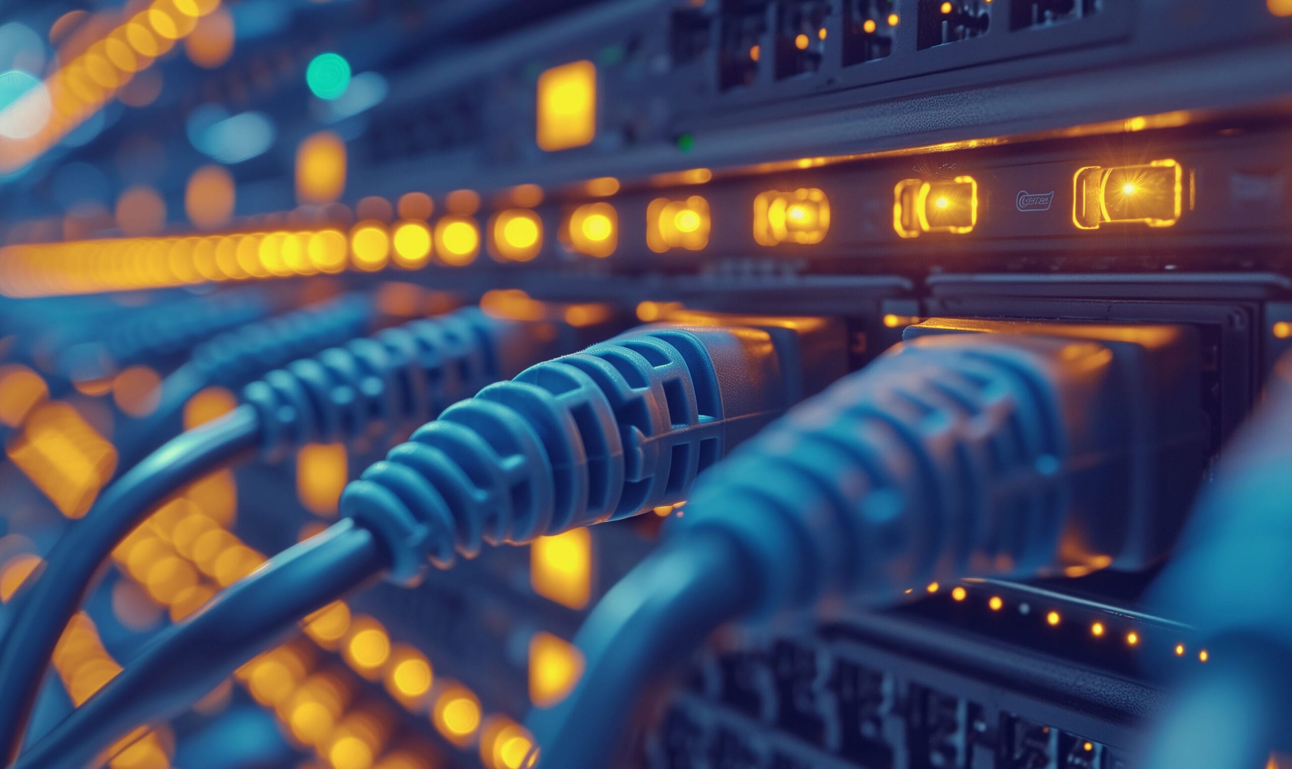 Network infrastructure setup with blinking lights and multiple ethernet cables connected to a server rack