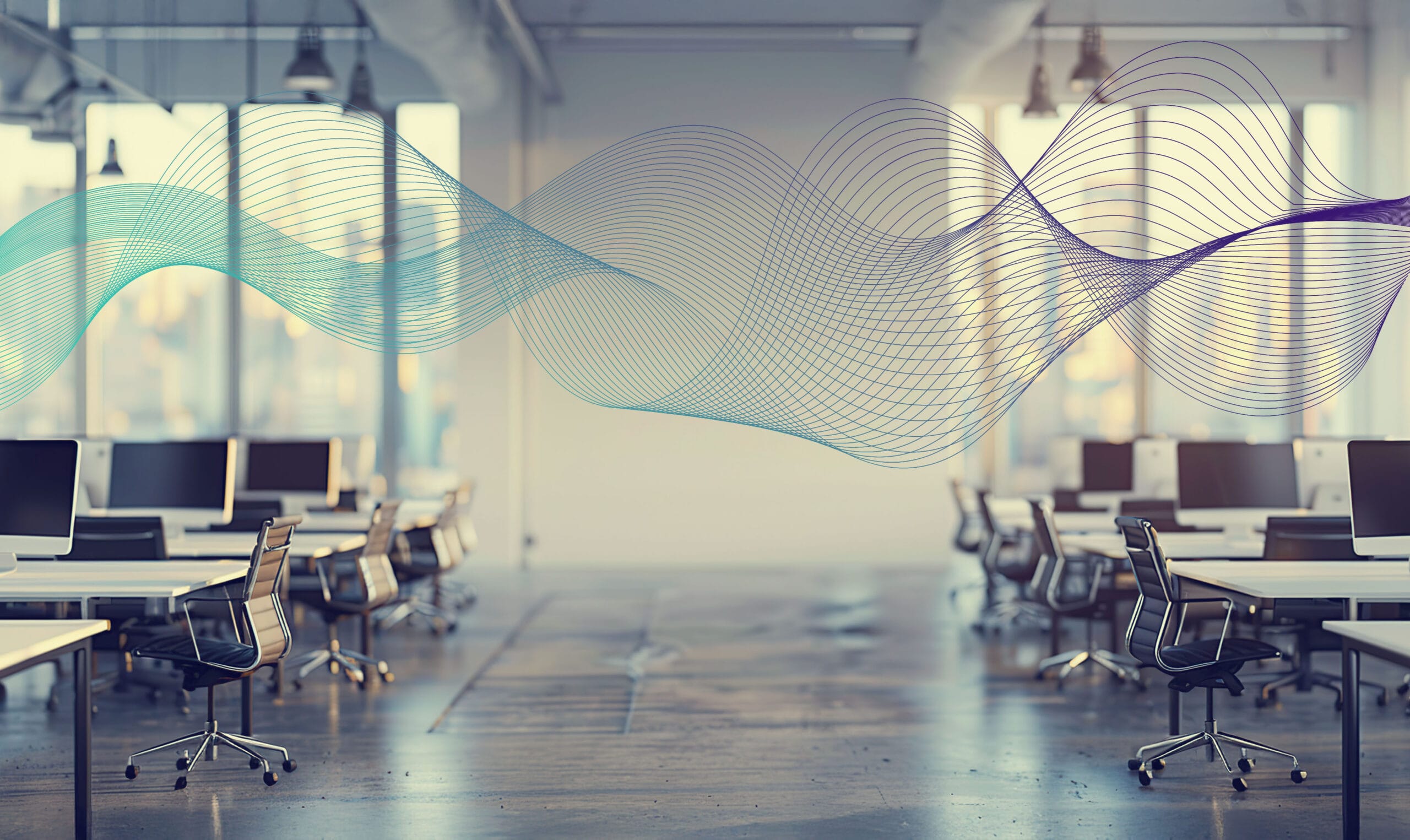 Modern office space with vectorized audio waves illustrating sound masking technology